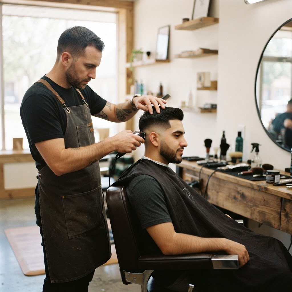Barbeiro finalizando o corte de um cliente em uma barbearia