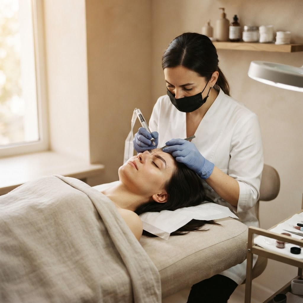 Esteticista realizando um atendimento em um estúdio de beleza